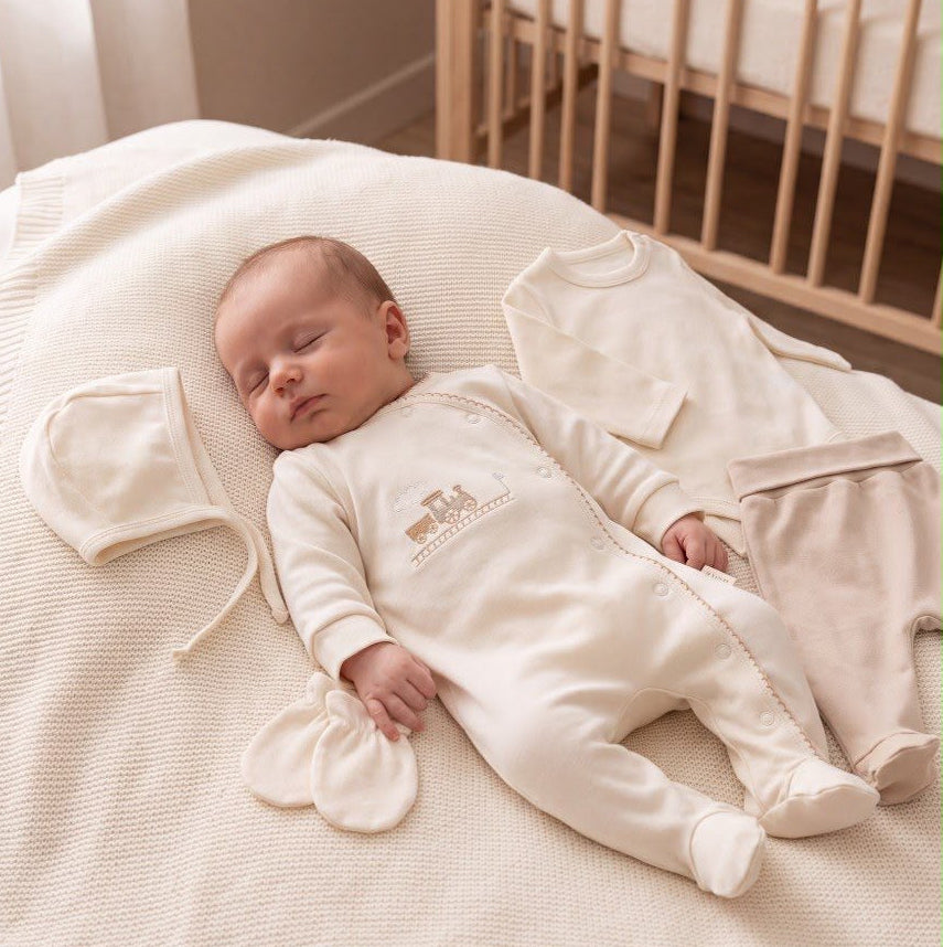Newborn baby boy hospital set 5 pieces 100% cotton beige