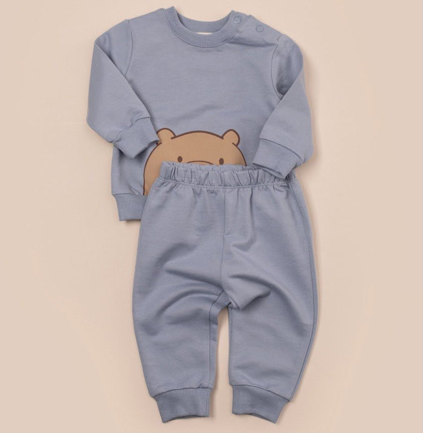 2 pieces Cotton baby boy set big bear design blue color with elastic waistband