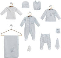 Newborn hospital set cotton 10 peices light blue color with track design height 56-62cm