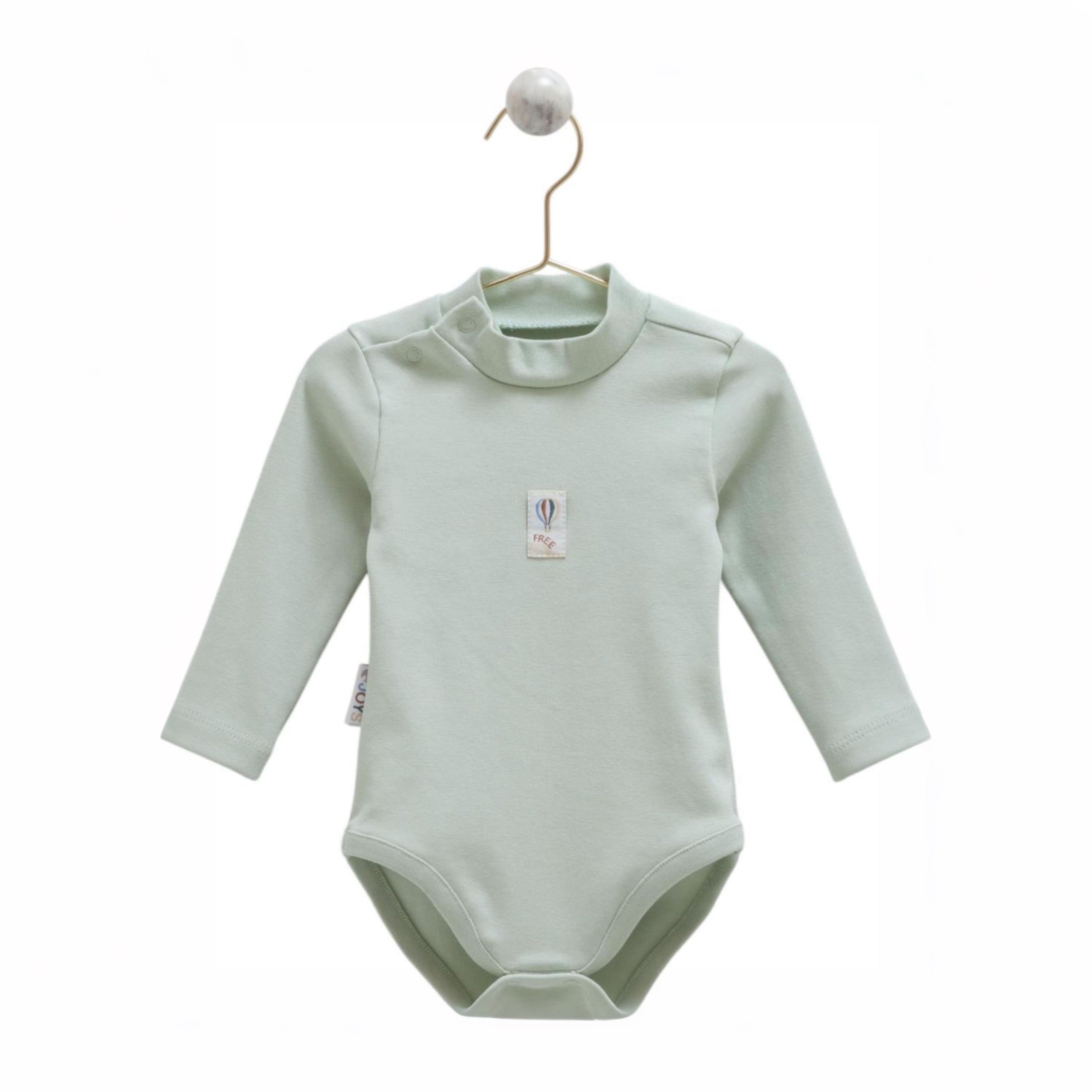 Long sleeve baby bodysuit high neck green color unisex cotton simple