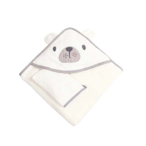 white or beige hooded baby towel with gloves 75x75cm