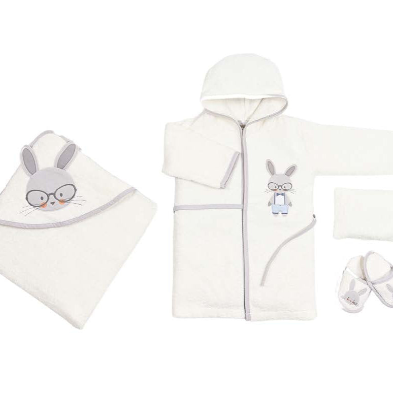 bathrobe set of 4 pieces grey rabbit  for baby boy