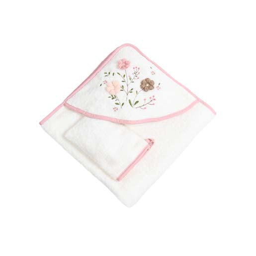 floral hooded baby towel with gloves 75x75cm