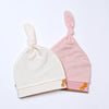 pack of 2 newborn hats with tie and buttons pink and beige