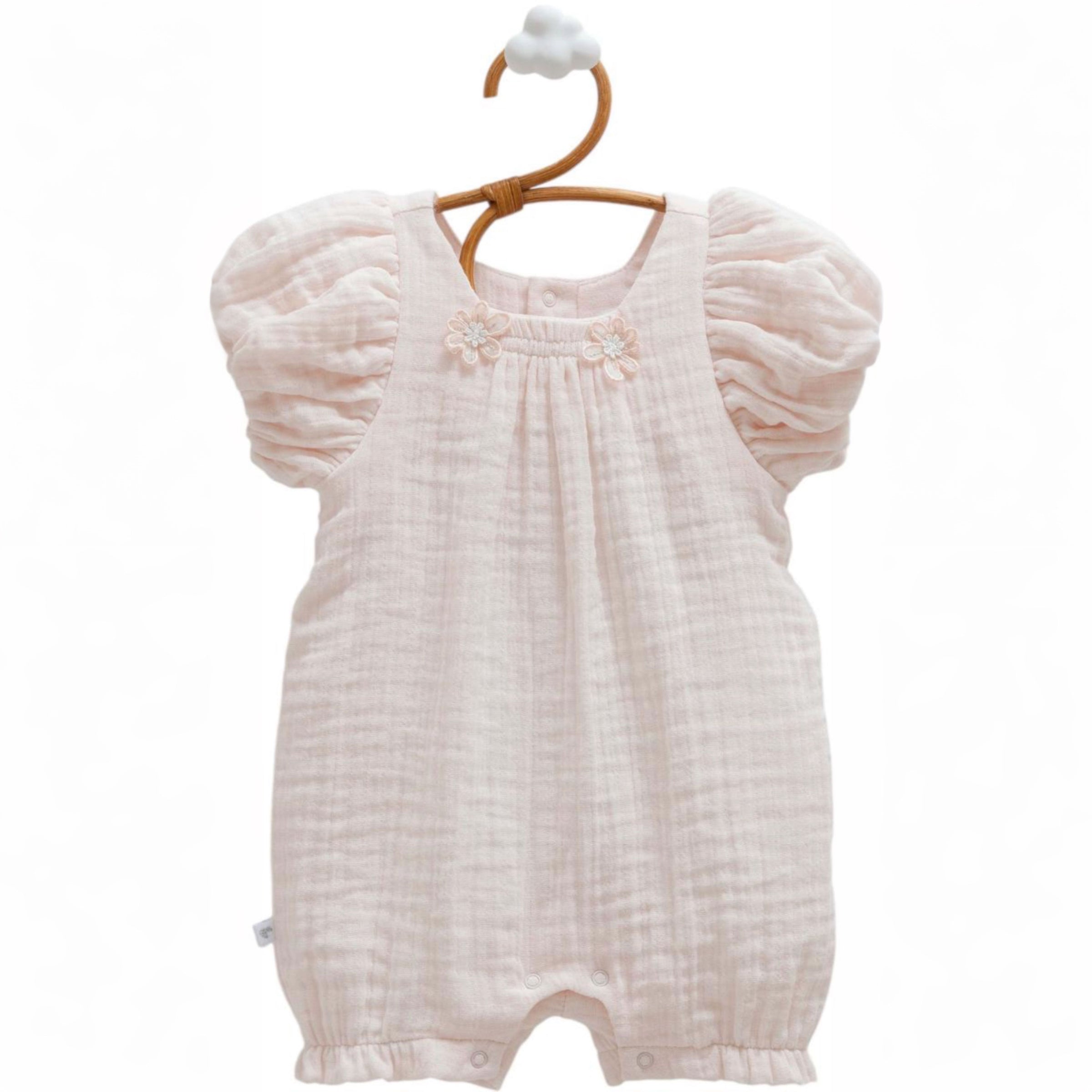White cotton muslin romper for summer baby girl sleeveless flower design pink color