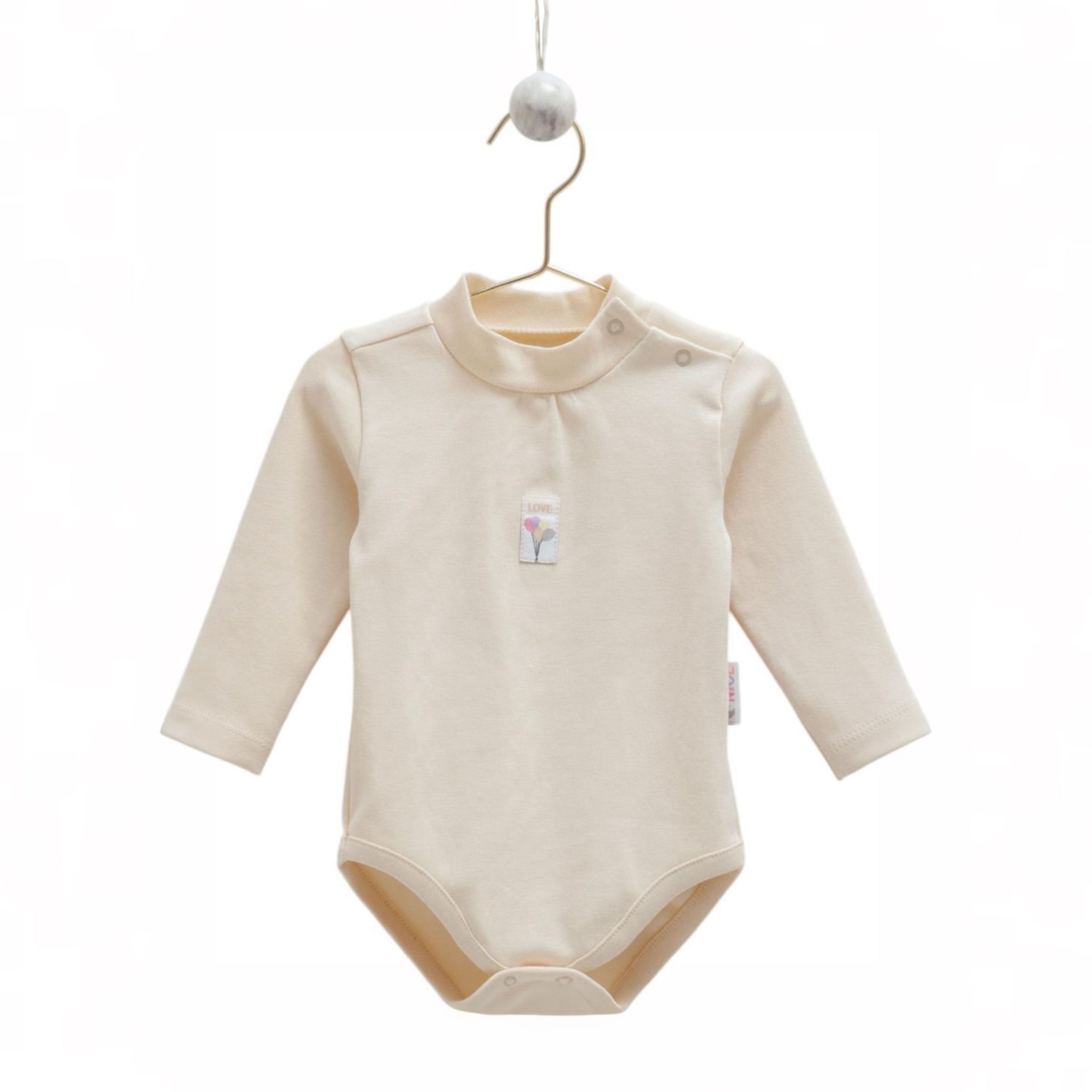 Long sleeve baby bodysuit high neck beige color unisex cotton simple