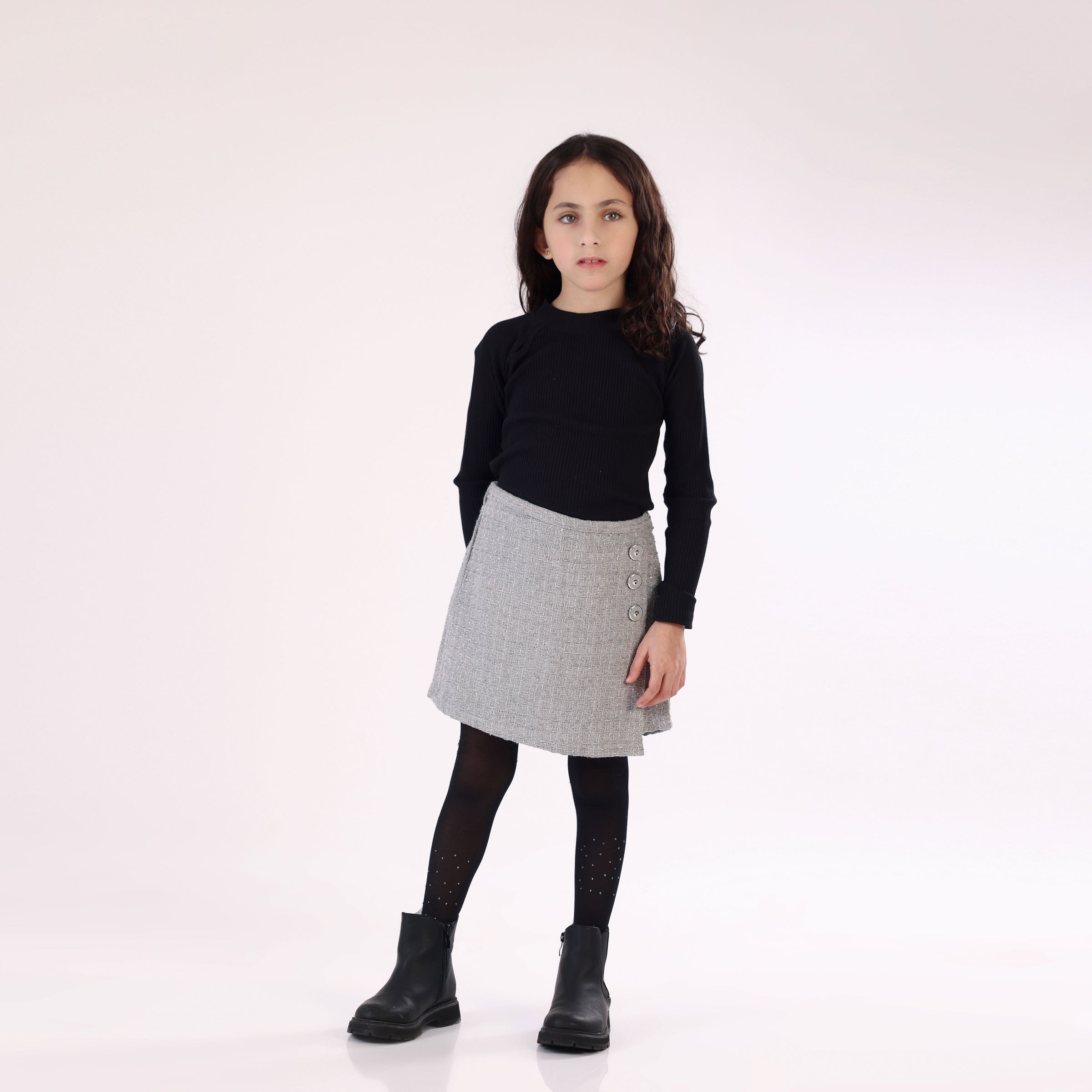 Girl Skirt grey with button and built in short Classy from 6Y to 14Y