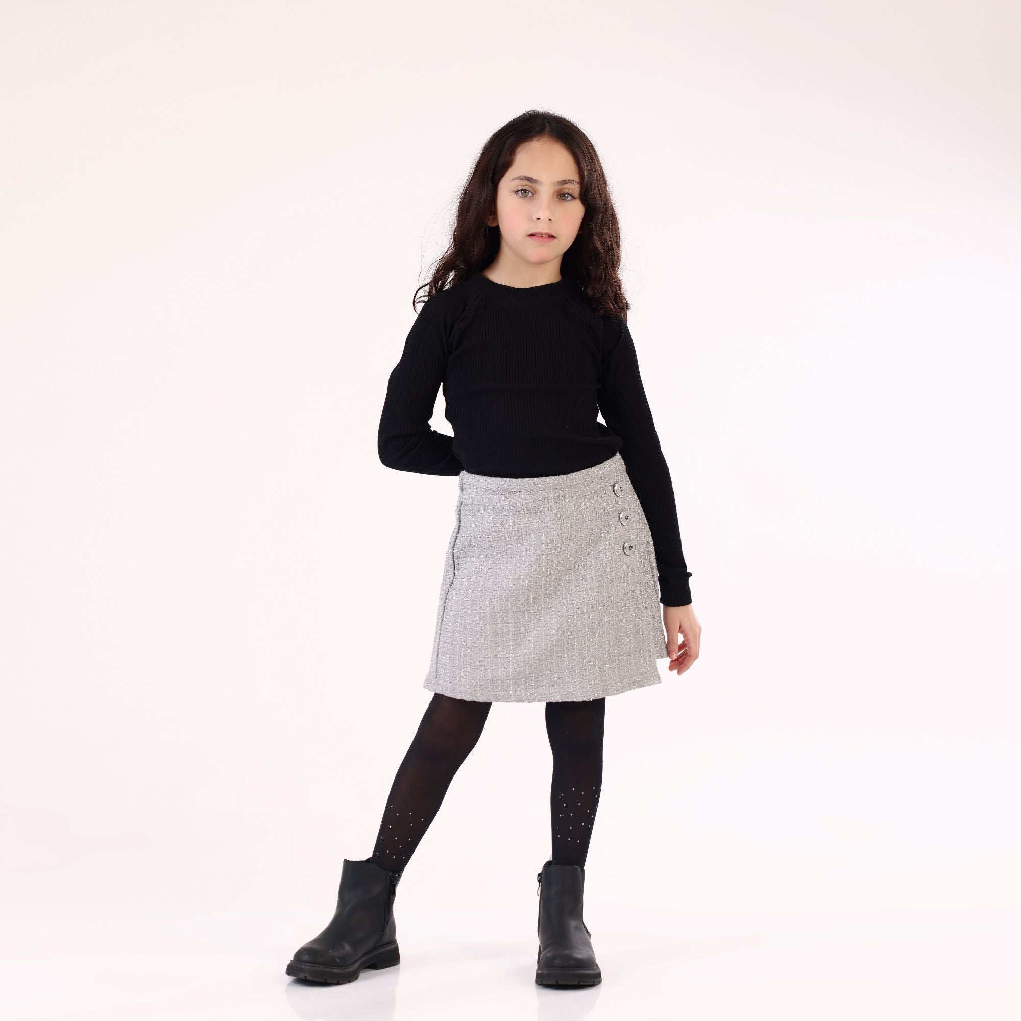 Girl Skirt grey with button and built in short Classy from 6Y to 14Y