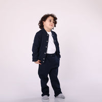 Set Of 3 pieces casual pants, short sleeve white shirt and sweatshirt with button dark blue color