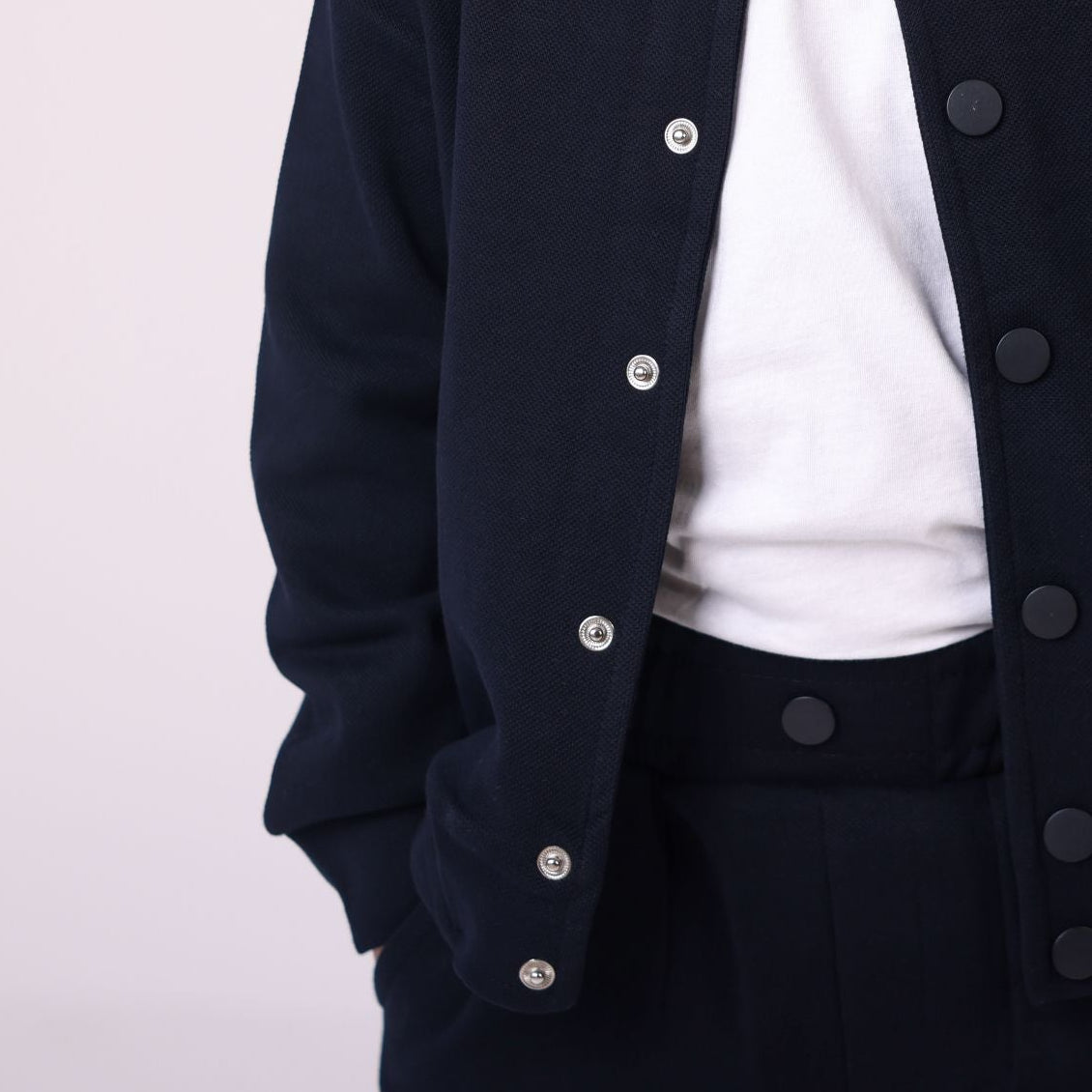 Set Of 3 pieces casual pants, short sleeve white shirt and sweatshirt with button dark blue color