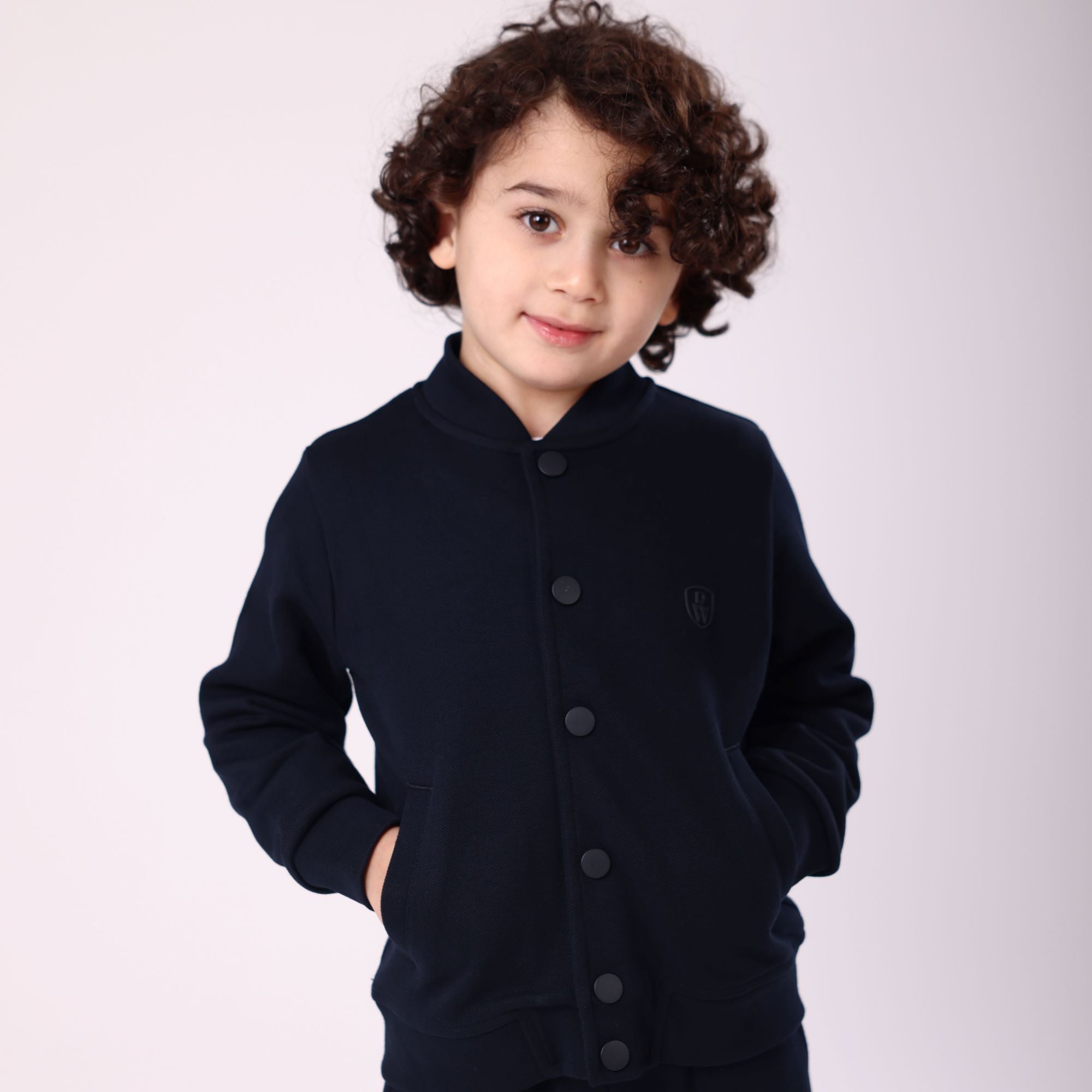 Set Of 3 pieces casual pants, short sleeve white shirt and sweatshirt with button dark blue color