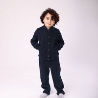 Set Of 3 pieces casual pants, short sleeve white shirt and sweatshirt with button dark blue color