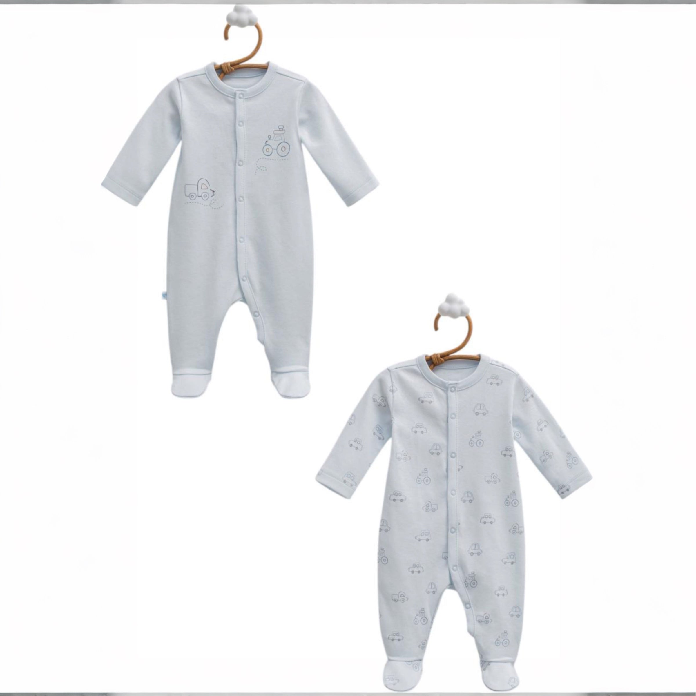 Pack of 2 baby boy romper sleep suit cotton track design blue long sleeve