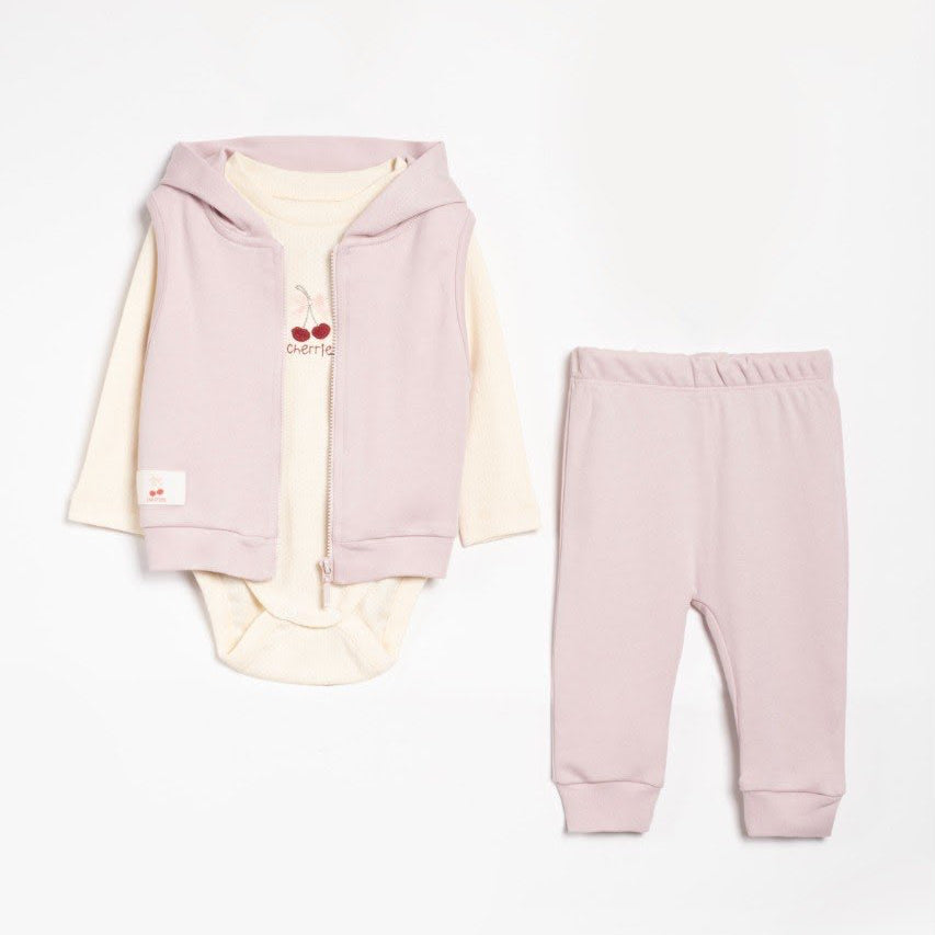3 pieces set for baby girl cherry pink cotton hooded