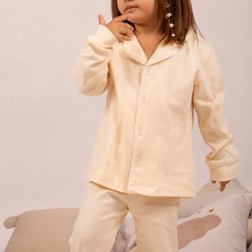 Cotton sleepwear for girl with buttons and collar off white warm color long sleeve