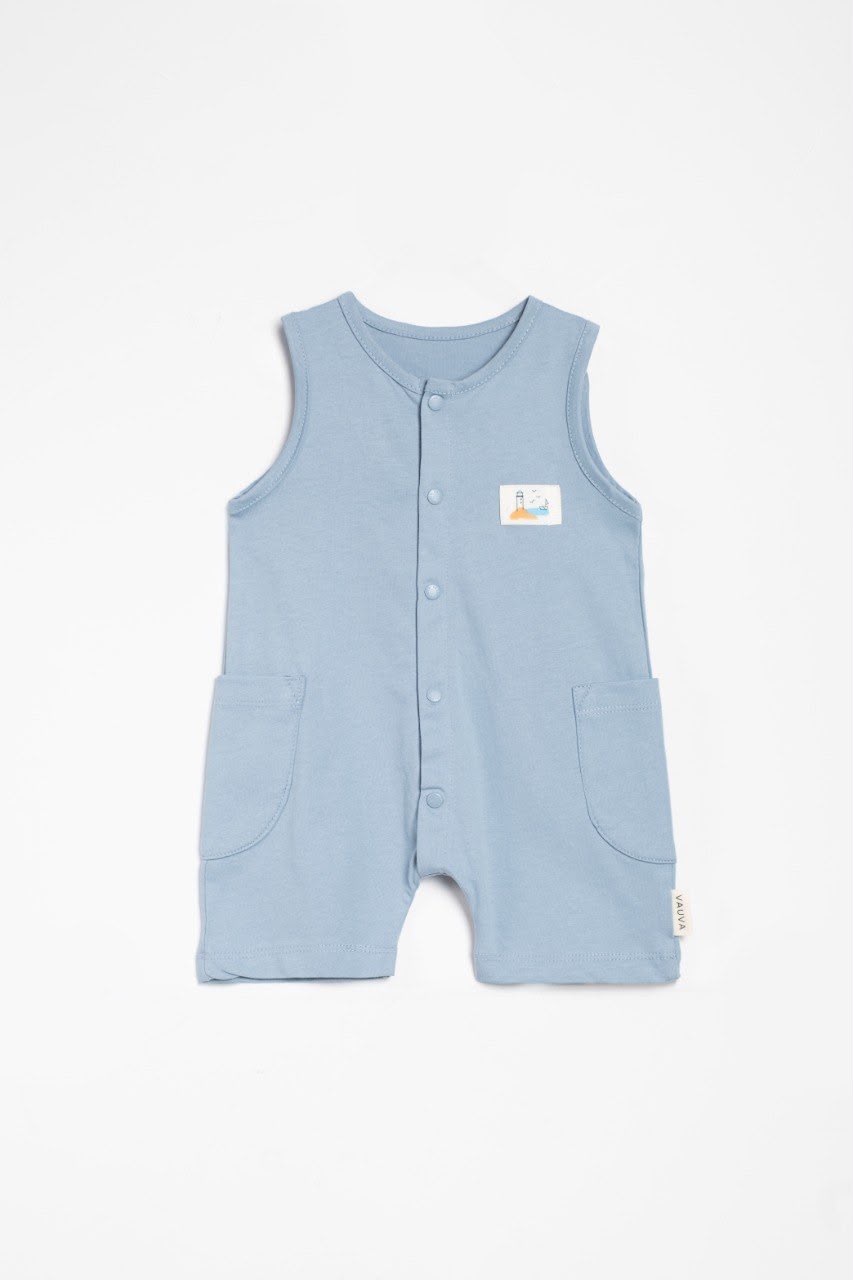 Soft summer romper blue for baby boy buttons with pocket sleeveless