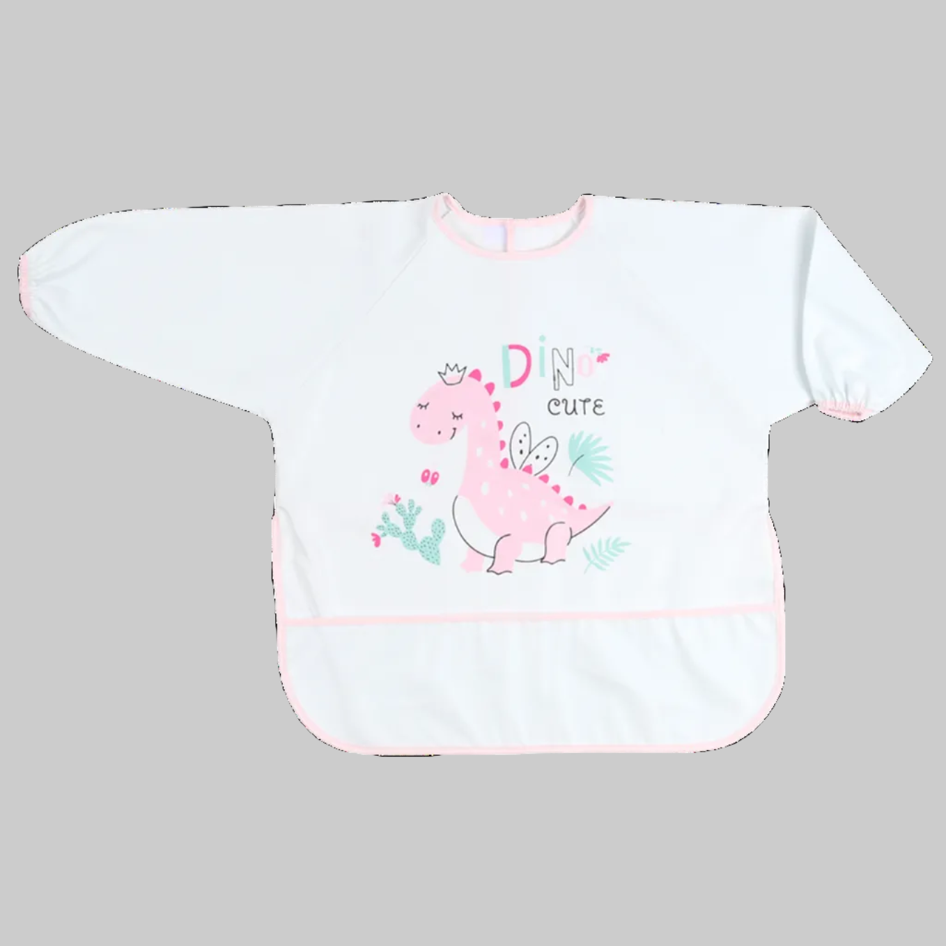 long sleeve feeding bibs for baby with pocket pink dino