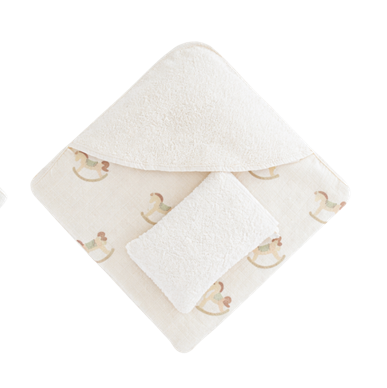 MUSLIN TOWEL & WASHING GLOVE SET rocking horse