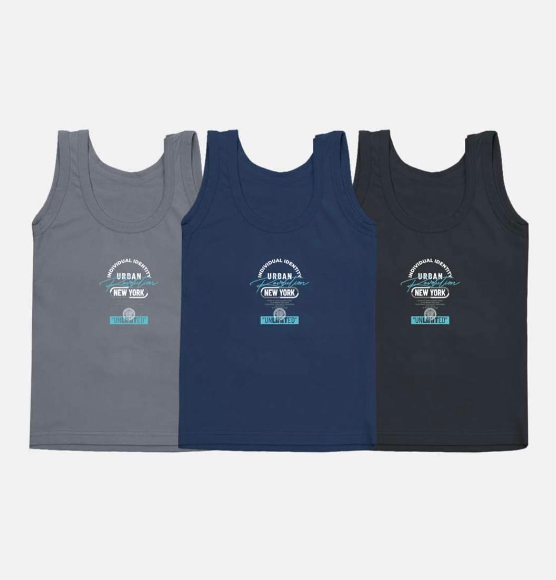 pack of 3 singlets cotton for boy with image blue grey and black