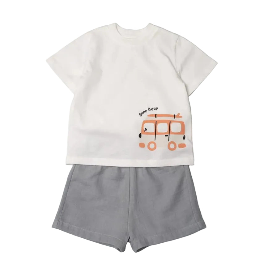 toddler boy set short and t-shirt available in two colors bus design