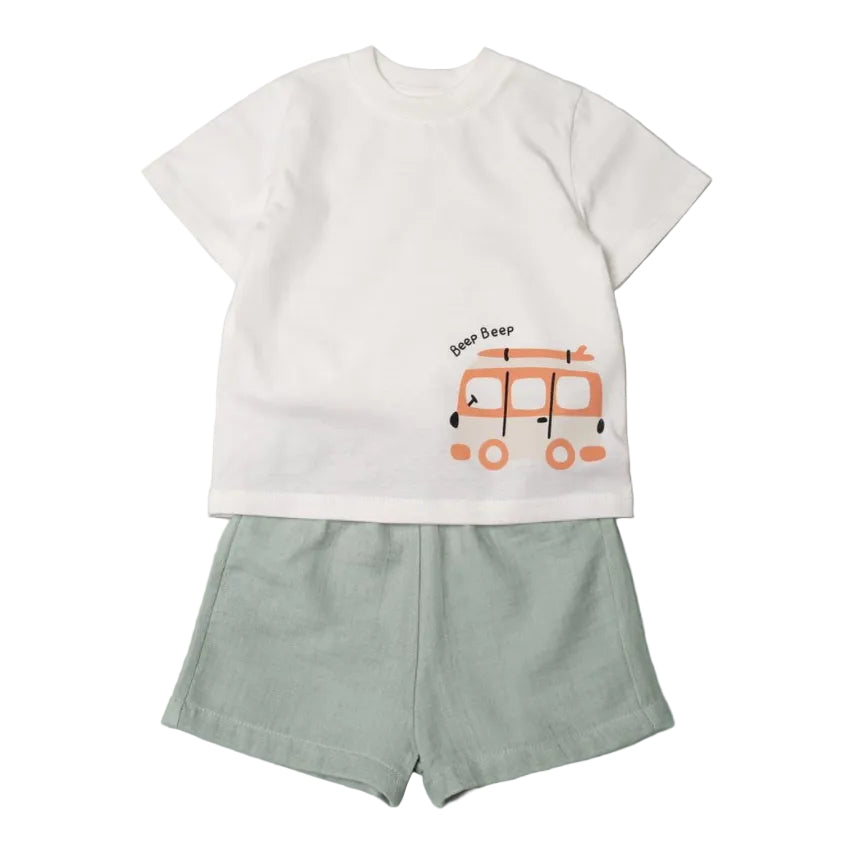 toddler boy set short and t-shirt available in two colors bus design