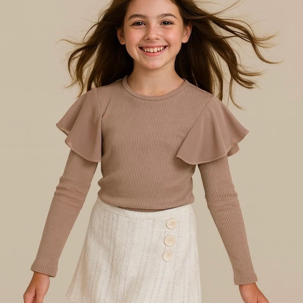 girl sweatshirt with shoulder design beige color